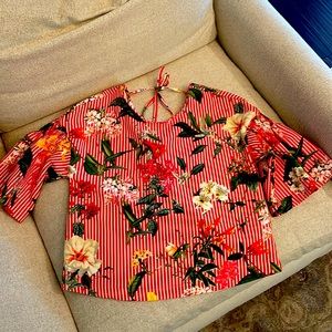 NWOT Zara Basic Collection, Bell Sleeved Red White Stripe Floral Top, Size XS